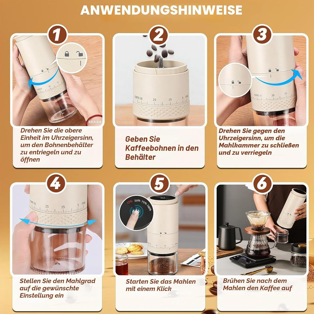 Kaffeemühle Elektrisch, USB Wiederaufladbare Tragbare Kaffemühle, Konische Mühle für Espresso mit LE