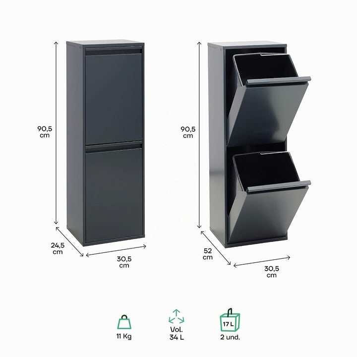 ARREGUI Mülleimer und Recyclingbehälter, Stahl, 2 Fächer 90,5 x 30,5 x 24,5 cm anthrazit anthrazit/