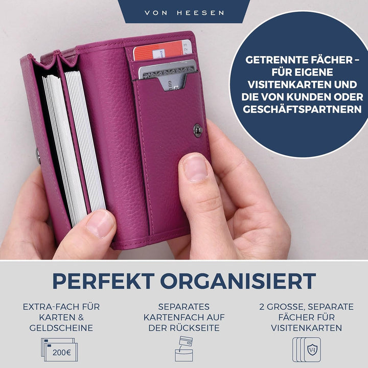 VON HEESEN® Visitenkartenetui Leder mit RFID-Schutz - Platz für 50 Visitenkarten - 6 Fächer - Visite