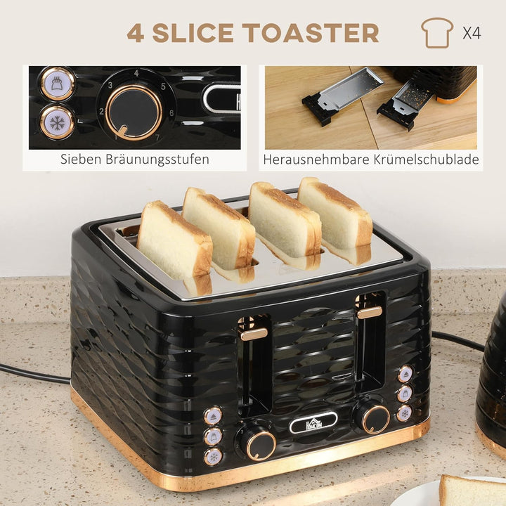 HOMCOM Wasserkocher Toaster Set Frühstück-Set mit 1,7L Wasserkocher, 4 Scheiben Toaster, 2200 W, 7 B
