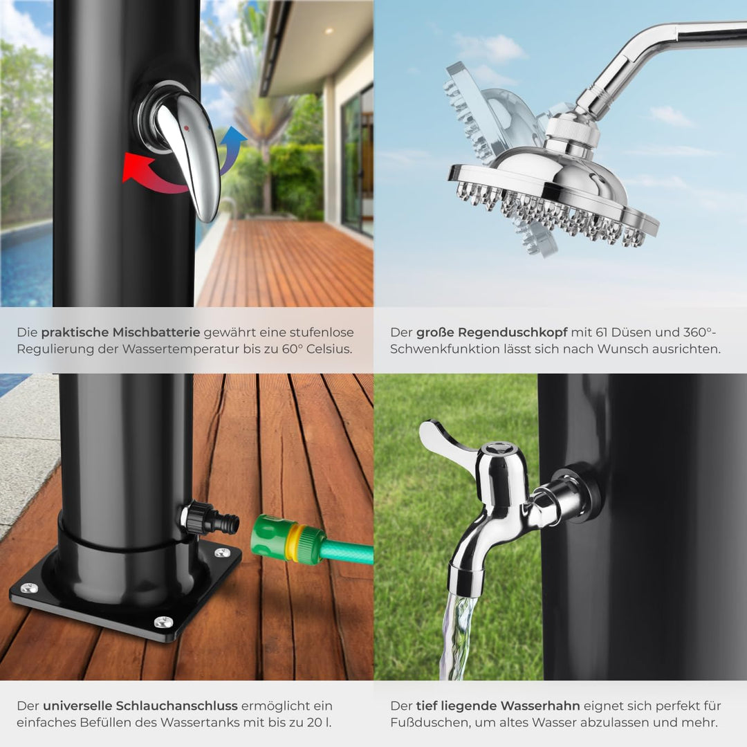 tectake® Gartendusche mit Duschkopf gross und Wasserhahn für Füsse, Solardusche 20l, solar Shower Au