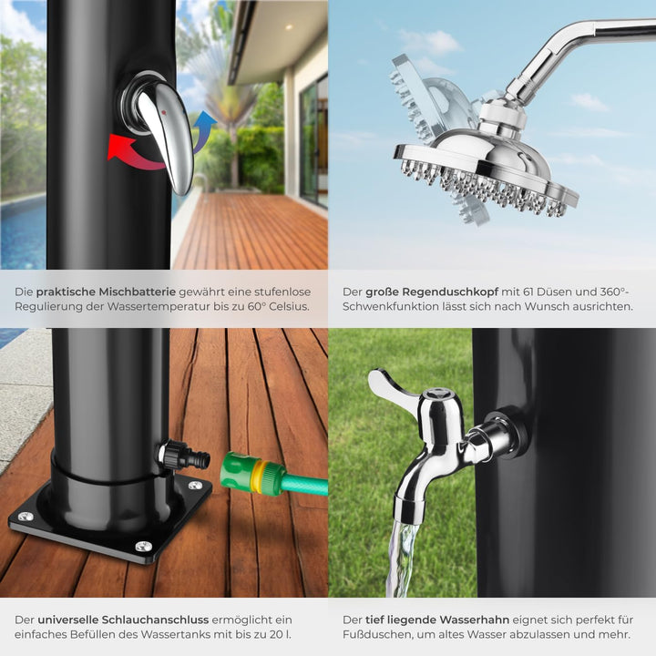 tectake® Gartendusche mit Duschkopf gross und Wasserhahn für Füsse, Solardusche 20l, solar Shower Au