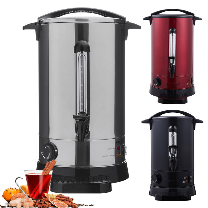 Arebos Glühweinkocher 1650 W | Heissgetränkespender | 20 L | mit Auffangschale, Auslasshahn, Thermos
