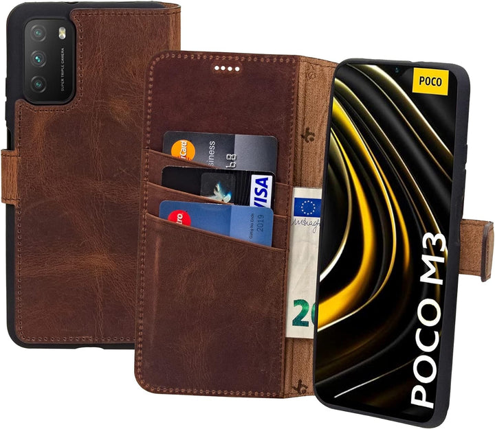 Suncase Book-Style Hülle kompatibel mit Xiaomi Poco M3 Leder Tasche (Slim-Fit) Lederhülle Handytasch