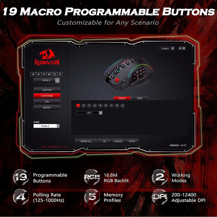 Redragon Optische RGB MMO Maus mit 12 Seitentasten,kabelgebundene Gaming Maus mit 12400DPI,8 * 2.4g