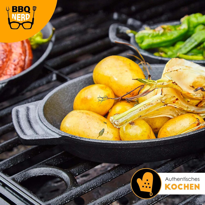 BBQ-Nerd Servierpfännchen aus Gusseisen im 6er Set - Grillpfännchen - oval 22,5x13 cm - zum Braten Ü