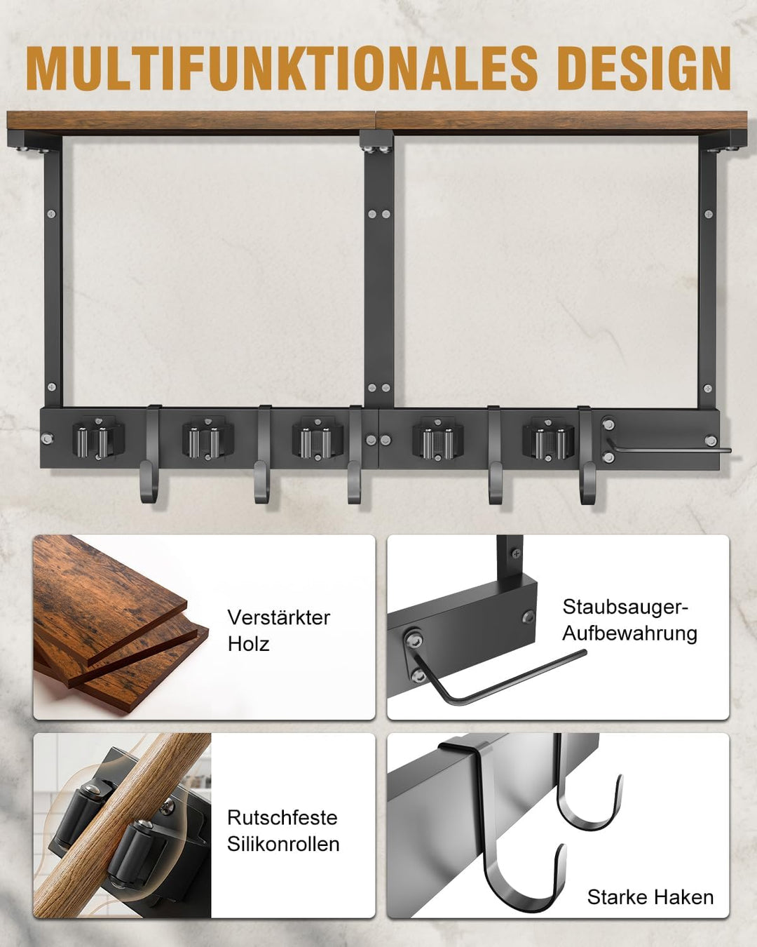 Supforce Besenhalter Wandmontage mit Holzablage, robuster Gerätehalter aus Metall mit Staubsaugerhal