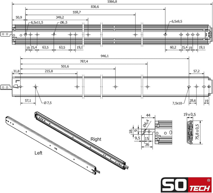 1 Paar SOTECH Schwerlastauszüge VarioSlide KV2-200-H76-L1050-EH 1066,8 mm mit Lock-in/out Einrastfun