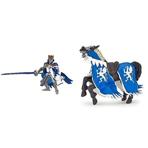 Papo-Lot de 2 Figurines - Collection Médieval - Fantastique - ROI au Dragon bleu + Cheval du ROI au