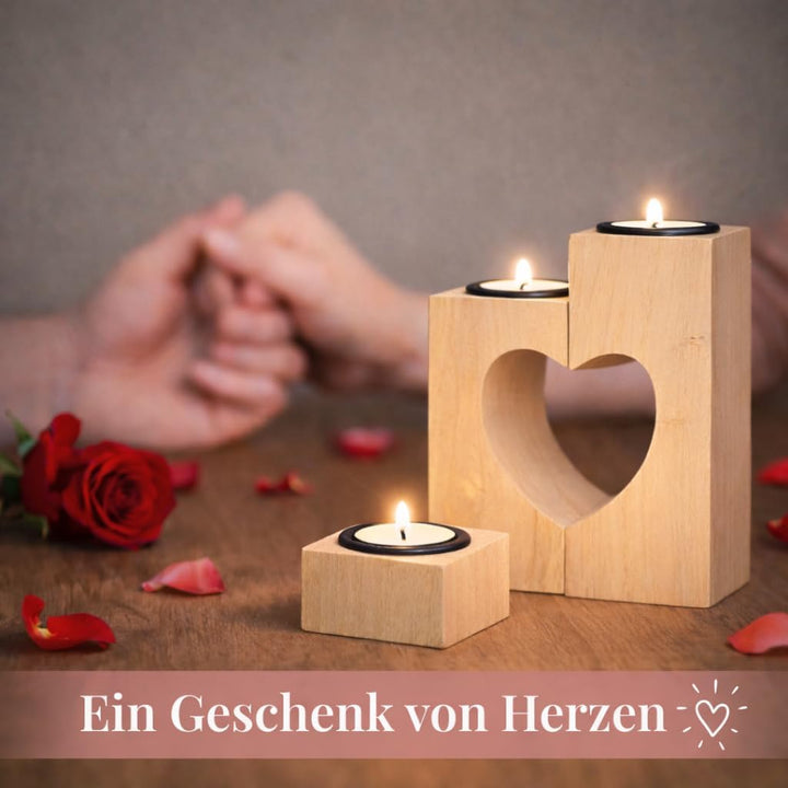 Plogis Herz Teelichthalter aus Holz -Set aus 3 Dekorativen Kerzenständern | Herz Deko & Romantische