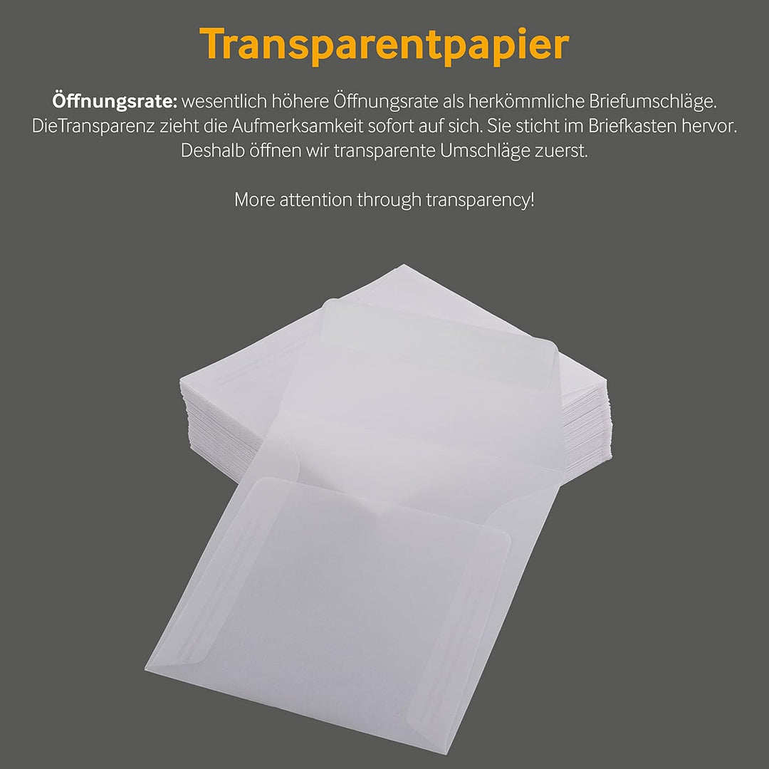 100 Stück, Transparente Briefumschläge, 125 x 125 mm, Haftklebung mit Abziehstreifen, Gerade Klappe,