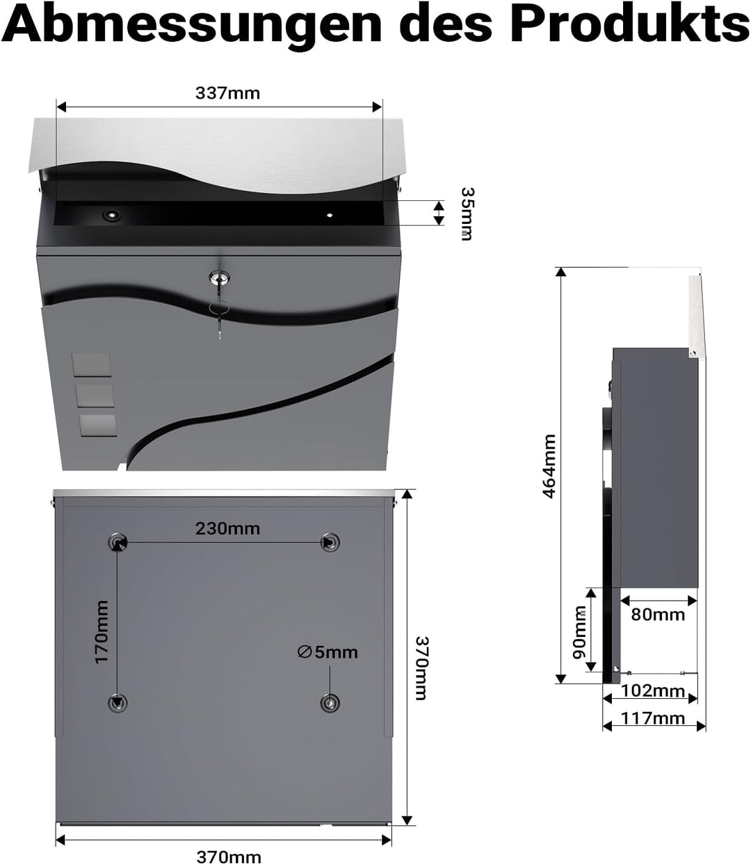 Wiltec Designer Briefkasten V28 Anthrazit und Edelstahl 370 x 102 x 370 mm, Wandbriefkasten mit Schl