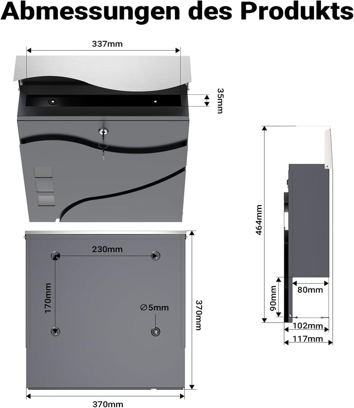 Wiltec Designer Briefkasten V28 Anthrazit und Edelstahl 370 x 102 x 370 mm, Wandbriefkasten mit Schl
