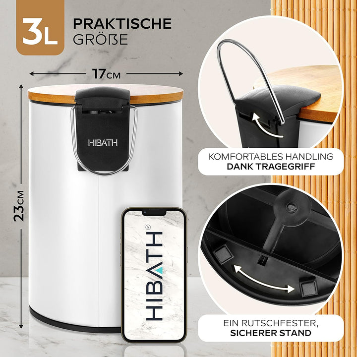 HIBATH® Kosmetikeimer aus Edelstahl mit Bambusdeckel (3 Liter, weiss) - Badezimmer Abfalleimer mit A