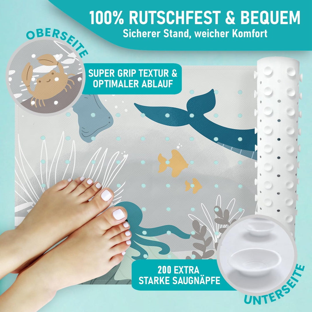 Badewannenmatte 100x40 cm Wasserwelt Grau | Badematte rutschfest | Inkl. Aufhängung | Schimmelresist