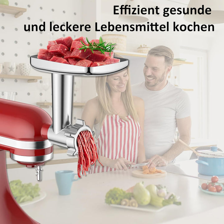 Edelstahl Fleischwolf Aufsatz für Kitchenaid, Mit 4 Gemüseschneideaufsatz 4 Mahlscheiben 3 Klingen 3