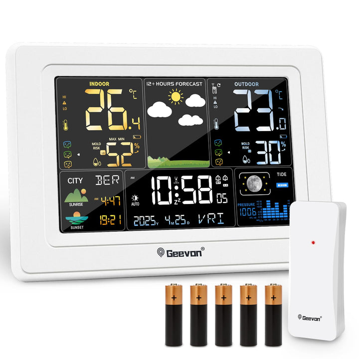 Geevon Wetterstation mit DCF Funkaussensensor, Farb VA Display, Wettervorhersage und Komfortanzeige,
