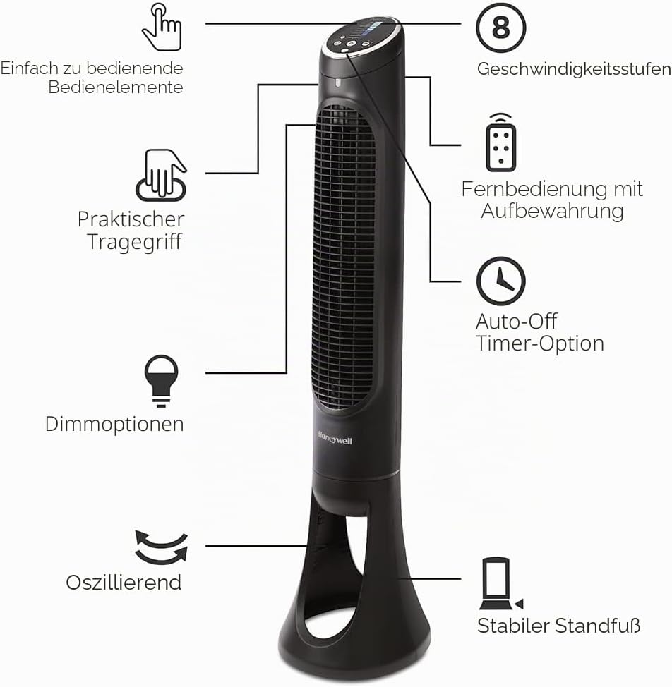 Honeywell QuietSet Tower (8 Geschwindigkeitseinstellungen, Oszillation 80°, Timer-Funktion, Fernbedi