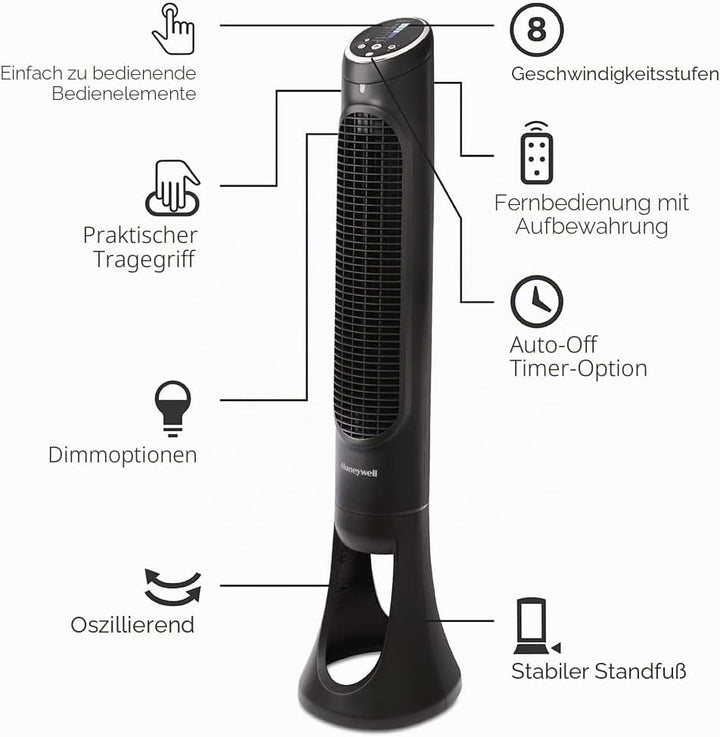 Honeywell QuietSet Tower (8 Geschwindigkeitseinstellungen, Oszillation 80°, Timer-Funktion, Fernbedi
