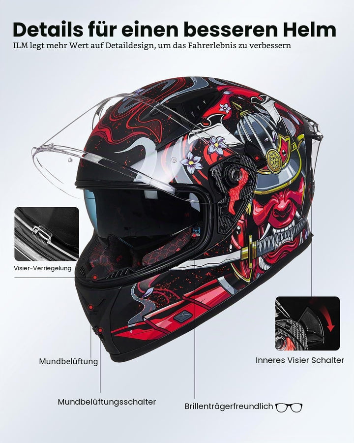 ILM Motorradhelm Integralhelm Herren Damen-Motorcycle Helmet mit 2 Visieren Pinlock-kompatiblen klar