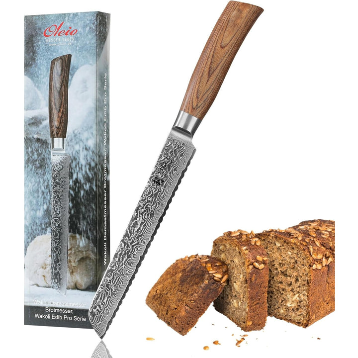 Wakoli EDIB Pro Brotmesser Wellenschliff aus echtem Damaststahl (VG10 Kern) 20 cm Klinge – Scharf &