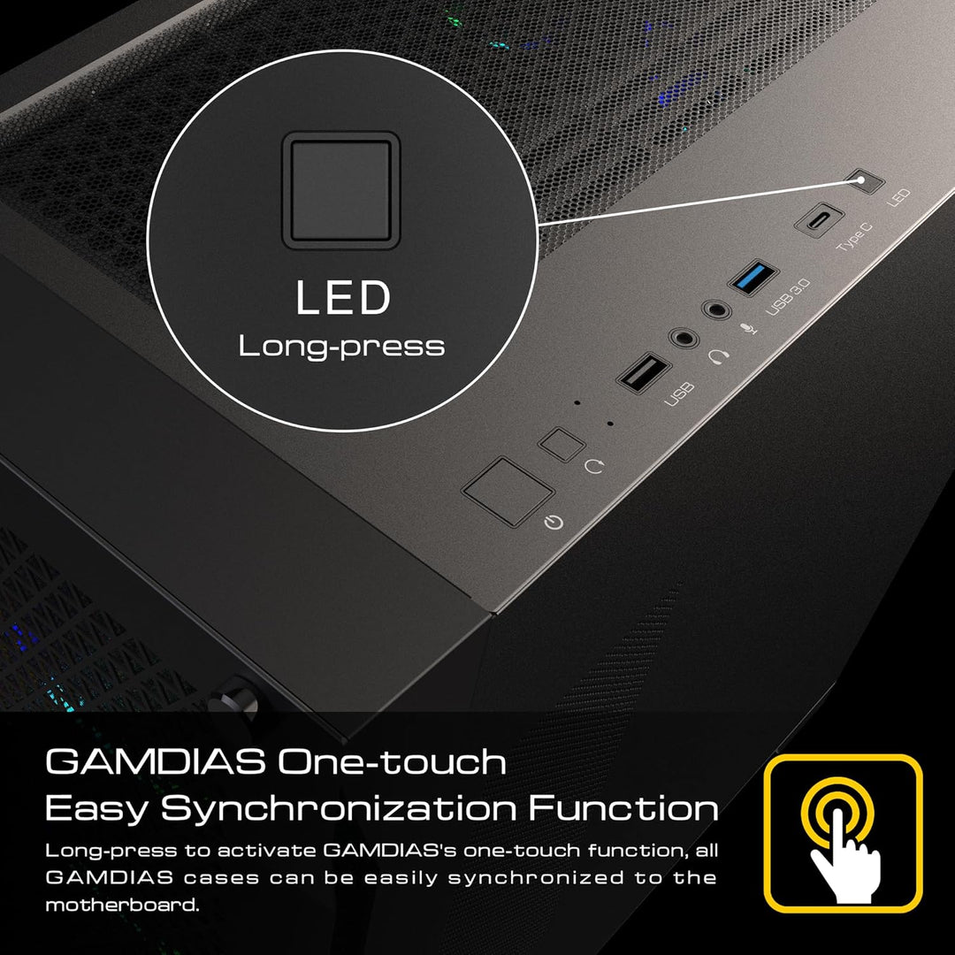 GAMDIAS Athena P1 ATX Mid Tower Gaming-PC-Gehäuse mit gehärtetem Glas und hervorragendem Luftstrom-D