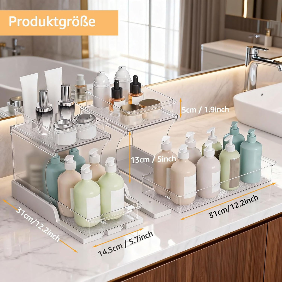 2er Set Badablage Organizer mit Schubladen, 2-stufig drehbar, transparenter Badezimmer Organizer für