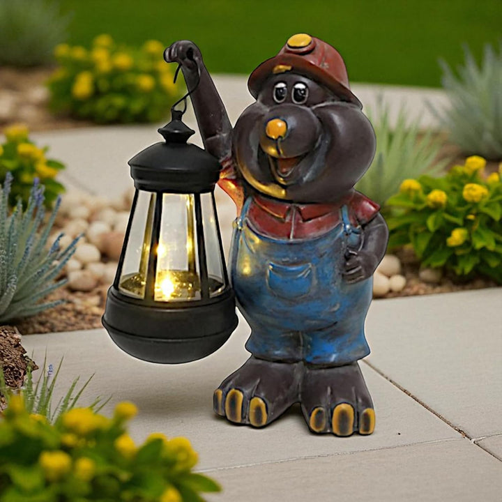 Arnusa Solar Maulwurf Figur mit LED Laterne – 21cm Gartenfigur aus Polyresin – warmweisses Licht – S