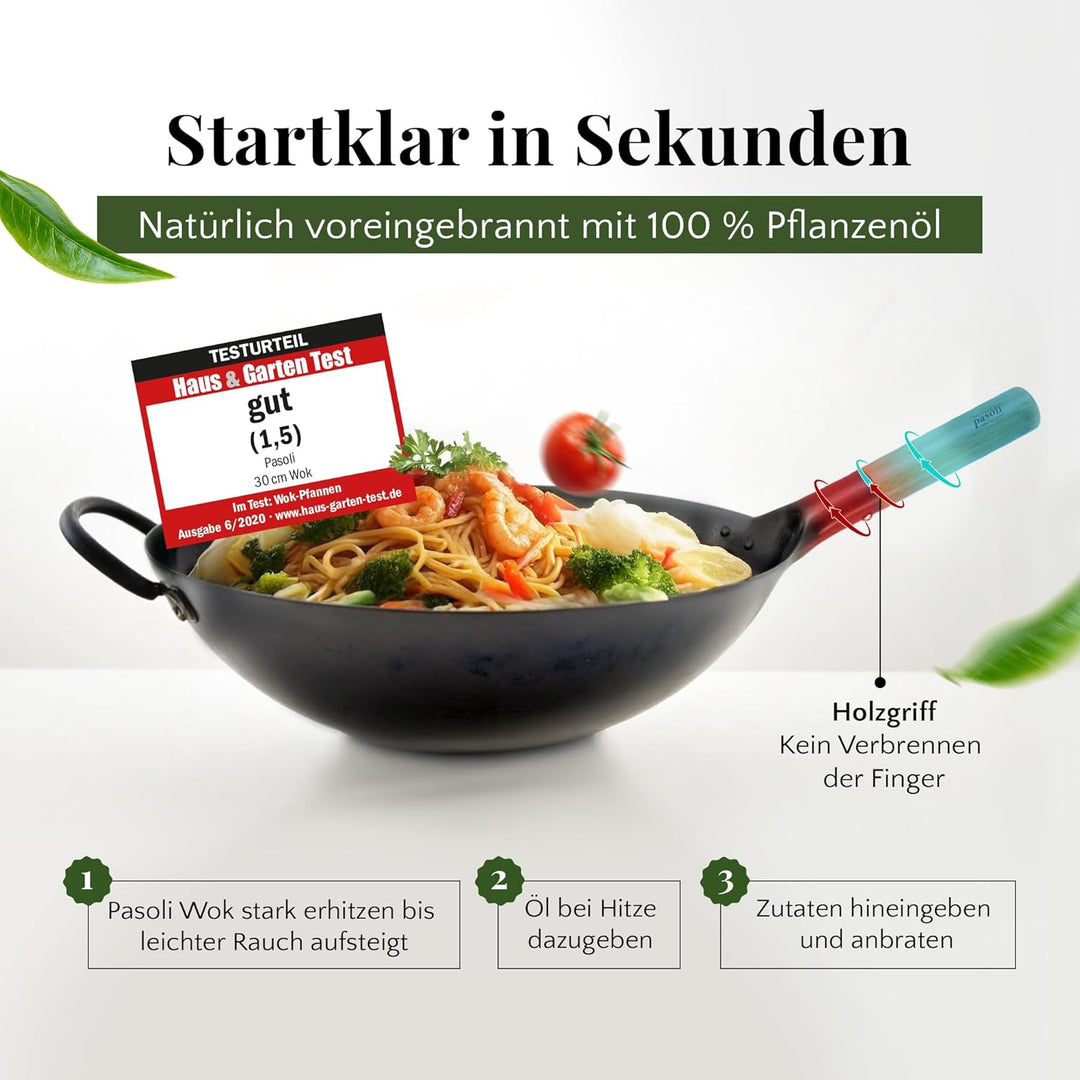 pasoli handgehämmerter Wok + gratis Rezepte eBook - voreingebrannt - traditionelle Asiapfanne - Brat