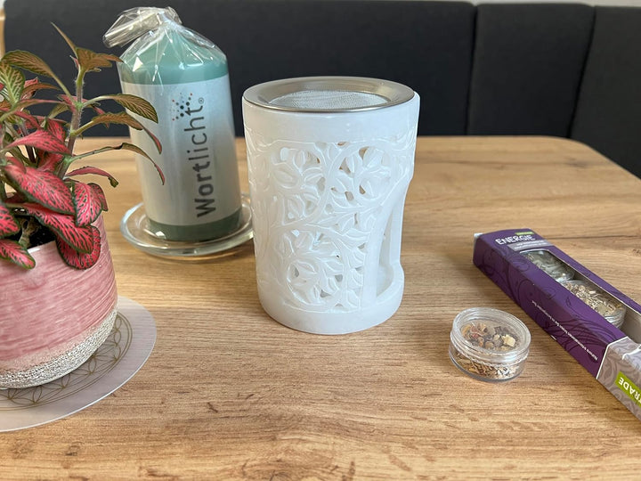 Bitto Weihrauchbrenner Windlicht LOTOS Alabaster Höhe 12 cm, Ø 9 cm mit Edelstahlsieb Ø 9 cm - Softs