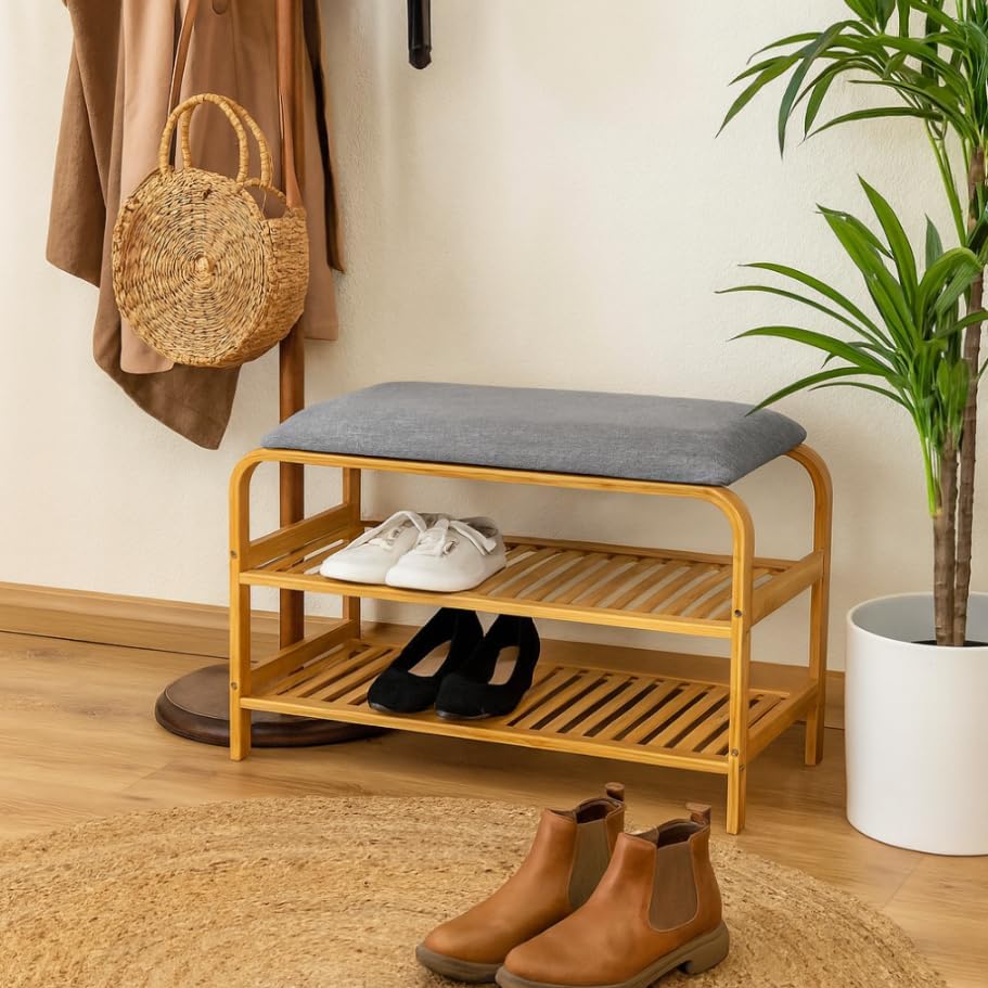 Bambus Schuhregal, Schuhregal aus Bambus mit Sitzbank, Schuhbank mit Sitzkissen, Sitzbank mit zwei E