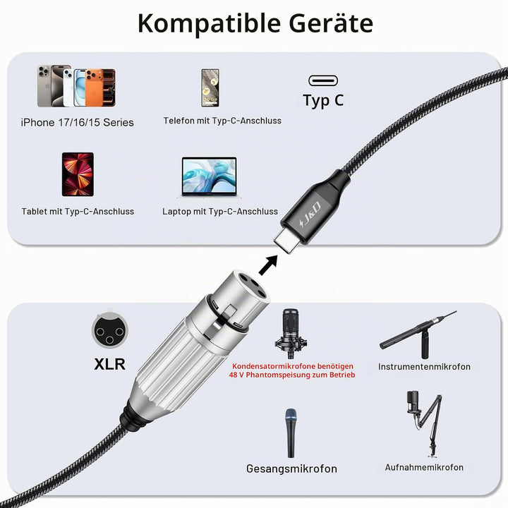 J&amp;D USB C zu XLR Mikrofon Audiokabel, Geflochtenes USB C zu XLR Buchse Mikrofonkabel für Audioaufnah