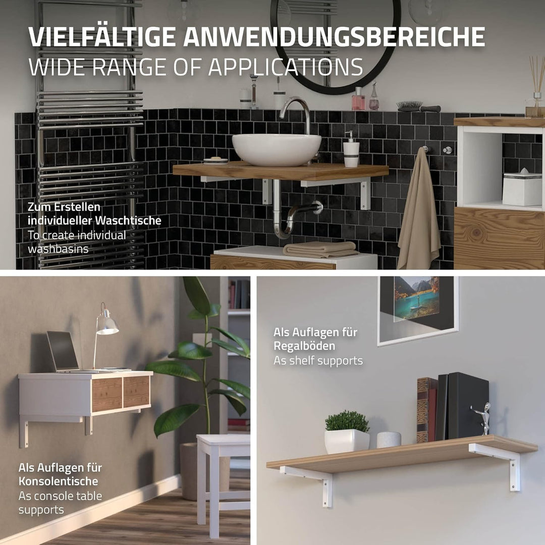 ML-Design 2er Set Wandkonsole Winkel L-Form für Waschtisch, 400x150 mm, Weiss, Stahl, Design Waschti