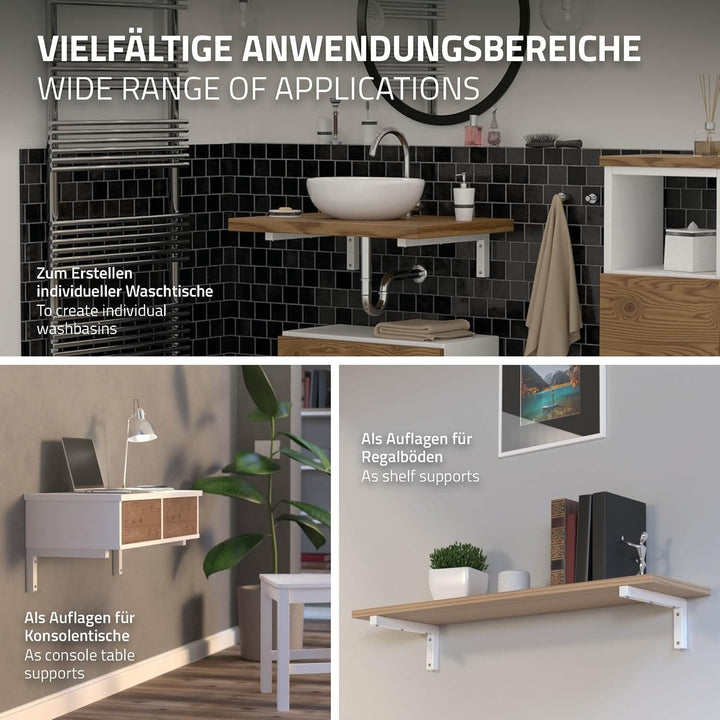 ML-Design 2er Set Wandkonsole Winkel L-Form für Waschtisch, 400x150 mm, Weiss, Stahl, Design Waschti
