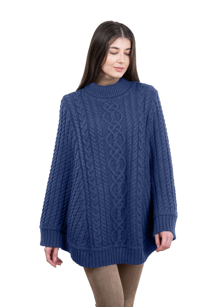 SAOL Zopfmuster Damen Irischer Aran Poncho aus 100% Merinowolle Strickjacke L-XL Marl Blau, L-XL Mar