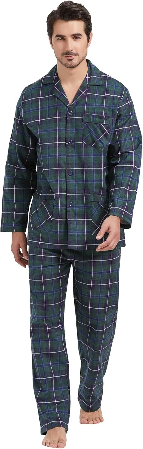 Amaxer Flanell Schlafanzug Herren 100% Baumwolle Pyjama mit Knopfleiste Set Lang Warmer Winter Schla