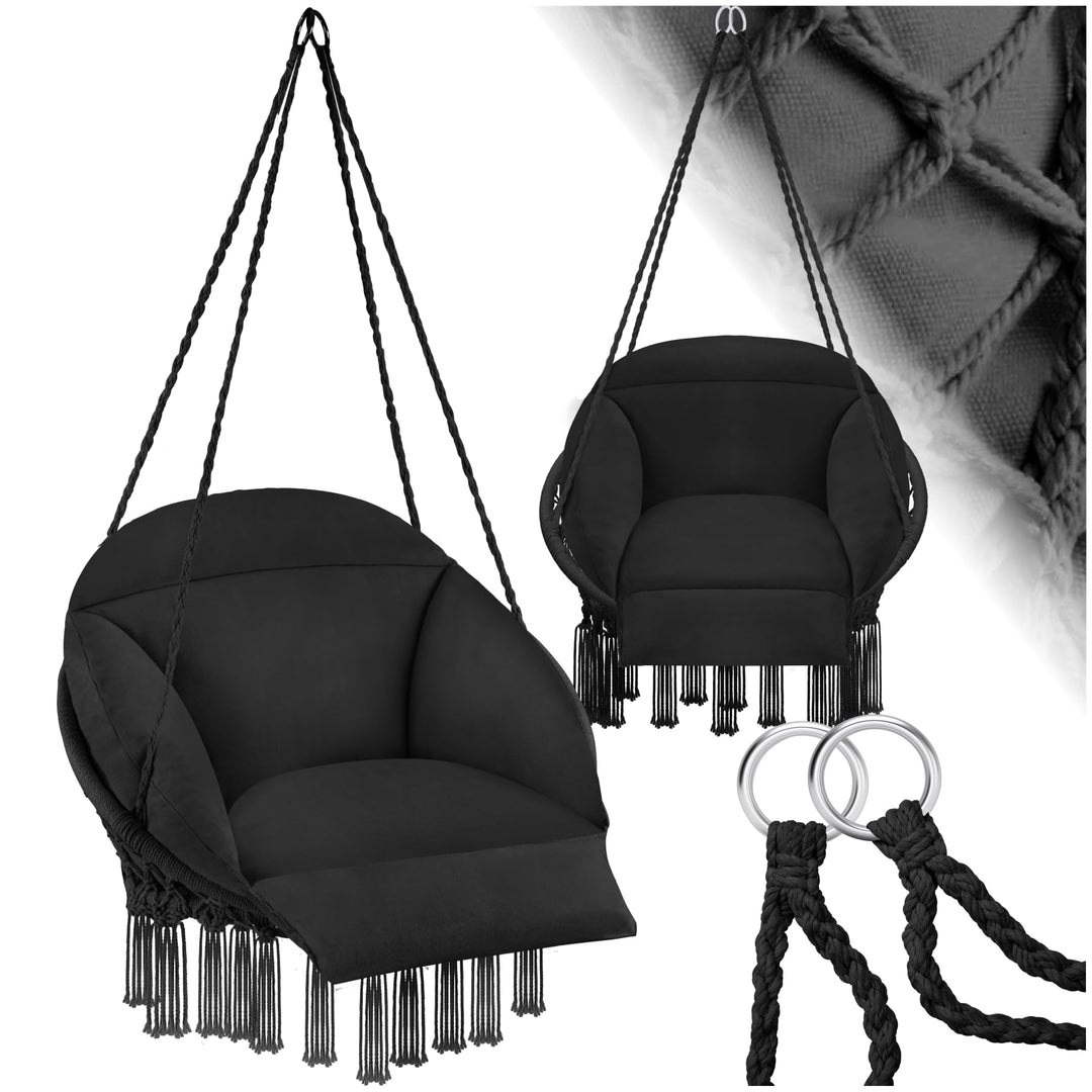 tectake® Hängesessel, Hängeschaukel mit dicken Kissen & Quasten, Boho Hängekorb Ø 80 cm, Hängesessel