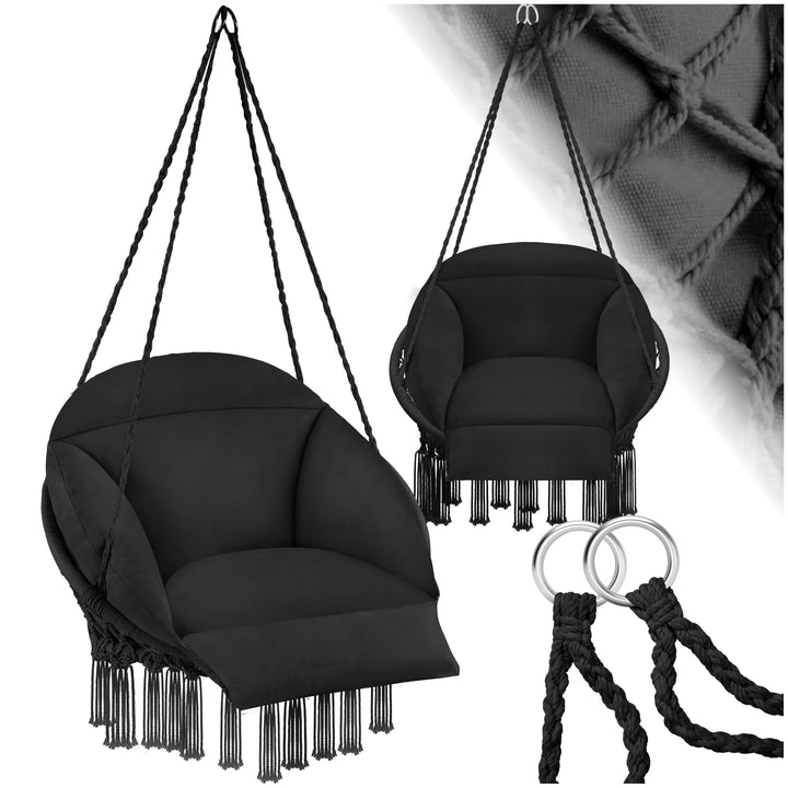 tectake® Hängesessel, Hängeschaukel mit dicken Kissen & Quasten, Boho Hängekorb Ø 80 cm, Hängesessel