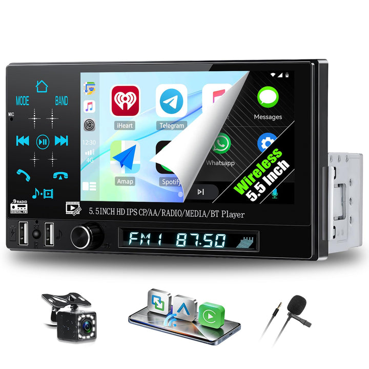CAMECHO Autoradio 1 Din Wireless Carplay Android Auto Bluetooth Radio, 5.5 Zoll Touchscreen mit IPS