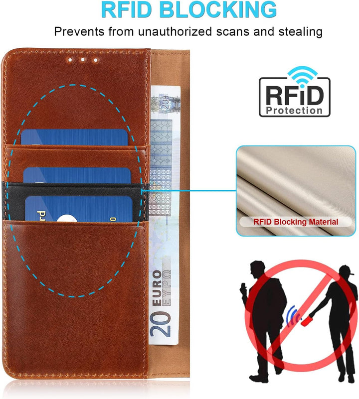 LENSUN Echtleder Hülle für Samsung Galaxy A53, Handyhülle [Echtes Leder] [Magnetverschluss] [RFID Sc