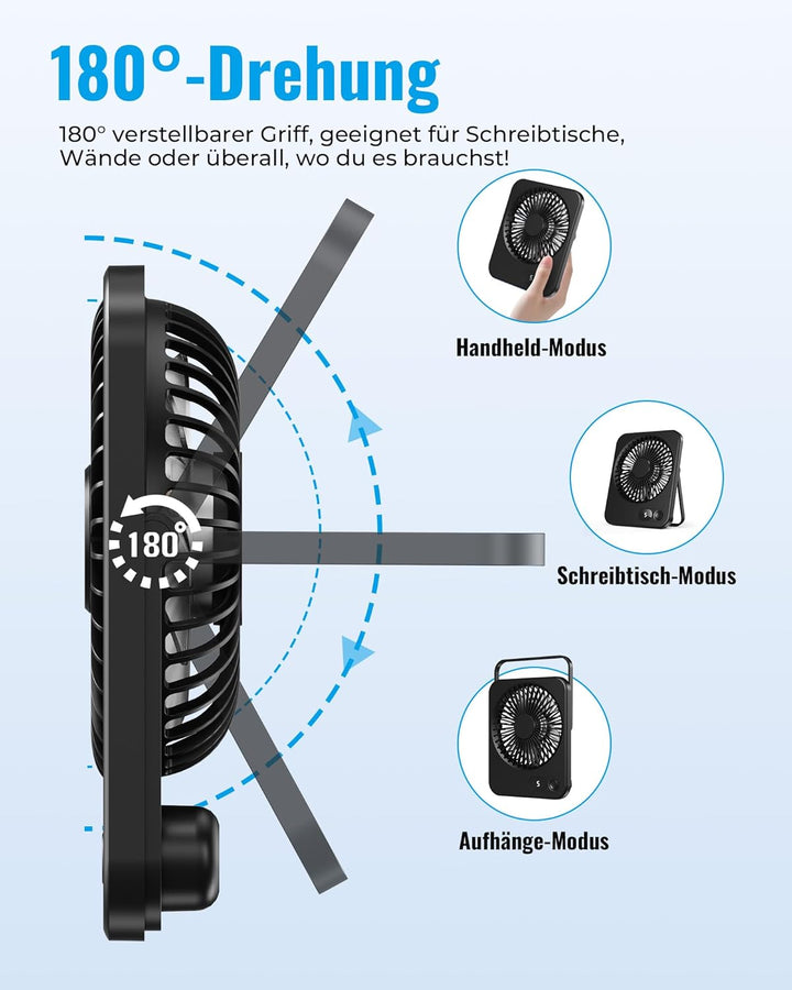 Tischventilator Kleiner - USB Ventilator mit 5 Stufen, 180° verstellbar, Ultra-Slim 3,8 cm, LED-Disp