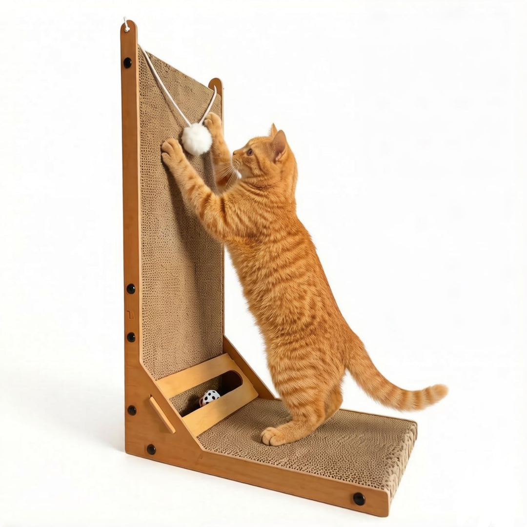 Kratzbrett für Katzen,60 cm L-förmiges Kratzmöbel mit Ballspielzeug | Kratzpappe aus hochwertigem Ka