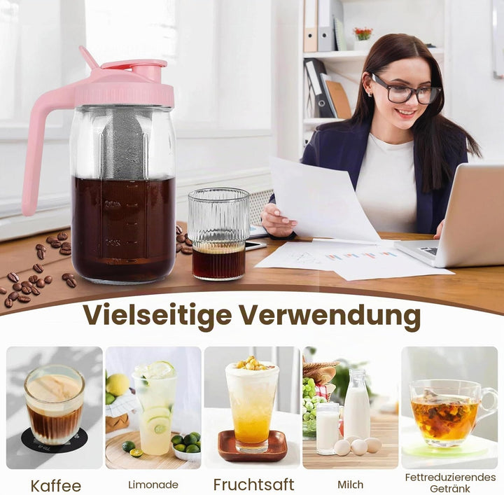 Cold Brew Kaffeebereiter, 1.8L Cold Brew Coffee Maker, Deckel mit Griff und Edelstahlfilter, Kaffeeb