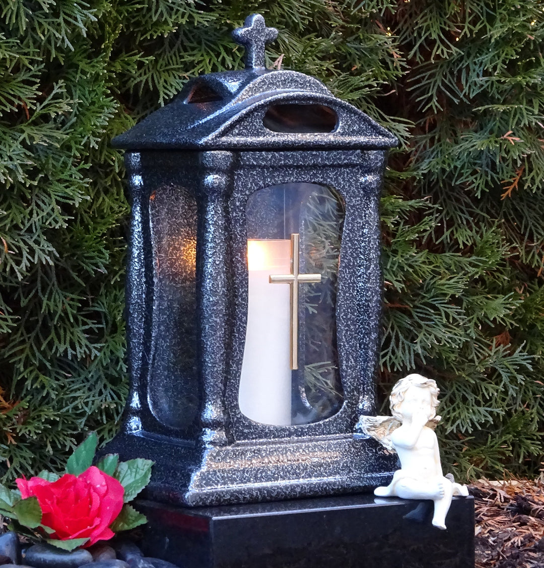 Grablampe Grablaterne Silber 30,0cm mit Kreuz incl. Kerze Grabschmuck Grablicht Grabkerze Grableucht