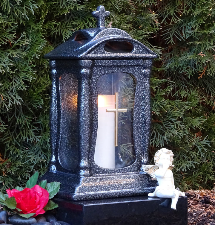 Grablampe Grablaterne Silber 30,0cm mit Kreuz incl. Kerze Grabschmuck Grablicht Grabkerze Grableucht