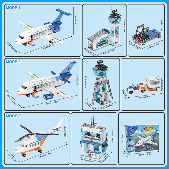 GuKKK City Passagierflugzeug Baukasten Set, 3 IN 1 Flugzeug Baukasten 744 PCS mit Terminal, Anhänger