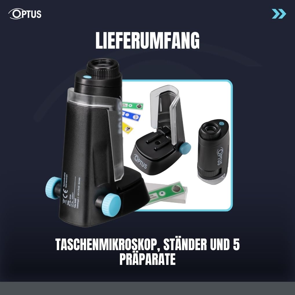 Optus Taschenmikroskop mit LED Beleuchtung, 40x-120x Vergrösserung, Standfuss & Objektklemmen - Komp