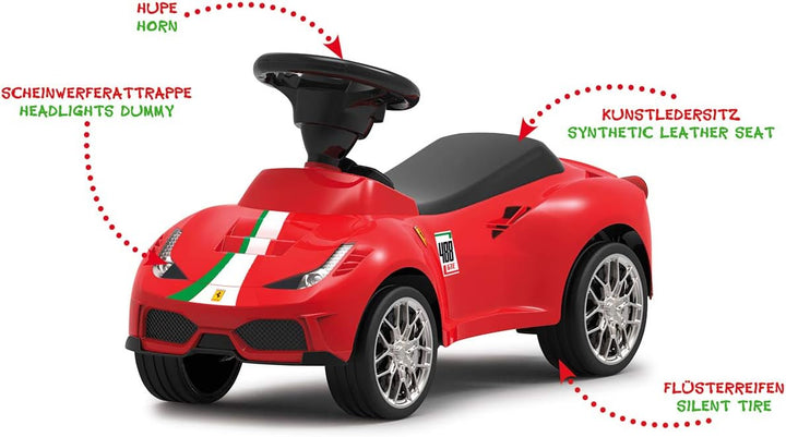 JAMARA 460604 - Rutscher Ferrari 488 GTE - Hupe am Lenkrad, originalgetreue Optik, Kippschutz, Kunst