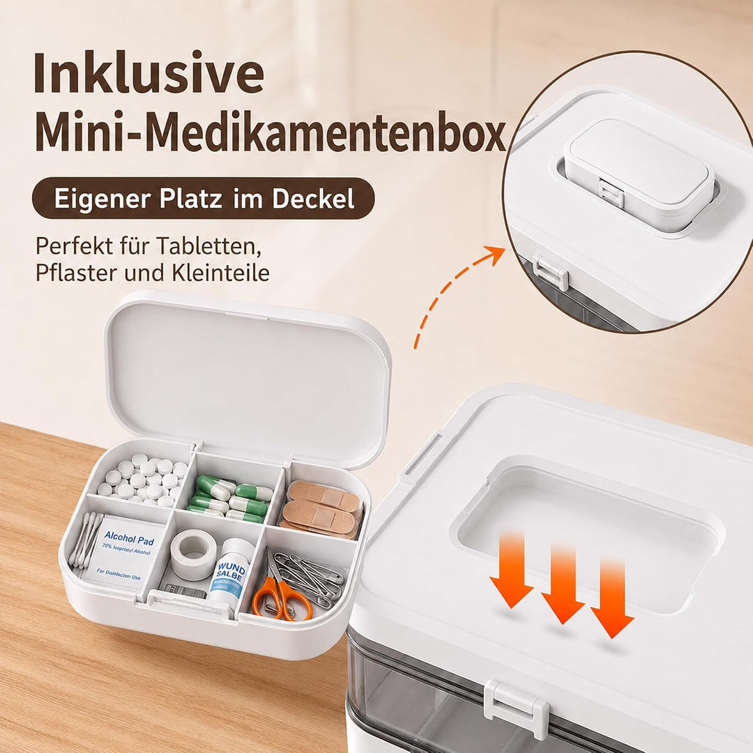 Medikamentenbox Gross Hausapotheke Leer, 3-Ebenen Erste-Hilfe-Kasten Aufbewahrungsbox mit Transparen
