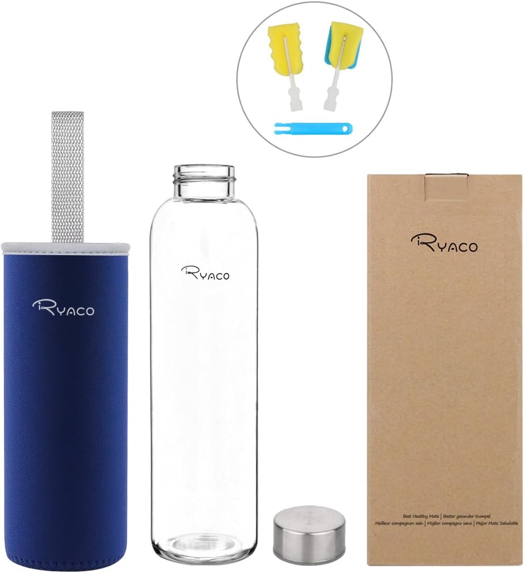 Ryaco Trinkflasche aus Glas 550ml/750ml/1000ml/1L,Glasflasche mit Neoprenhülle,Glastrinkflasche mit